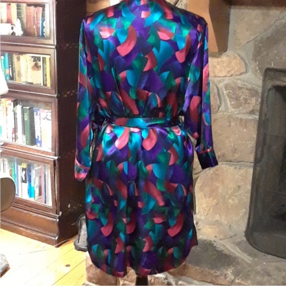 Vintage Silk like Cacique Lingerie Jewel toned Abstract Robe with tie Size Small - Picture 5 of 7